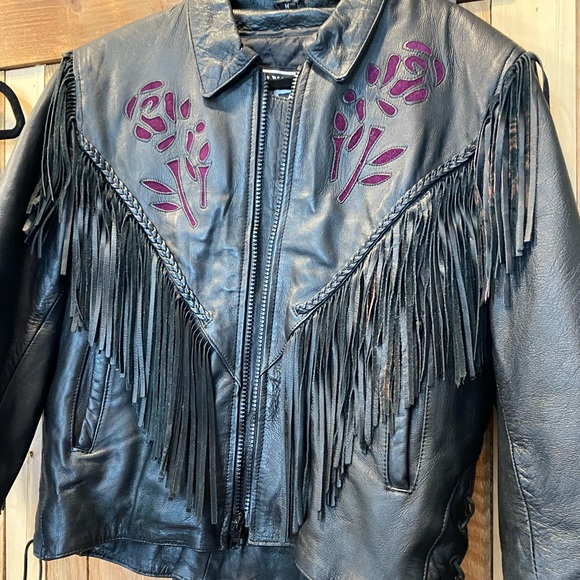 Purple and black Barney’s Leather fringe jacket only - Picture 3 of 5